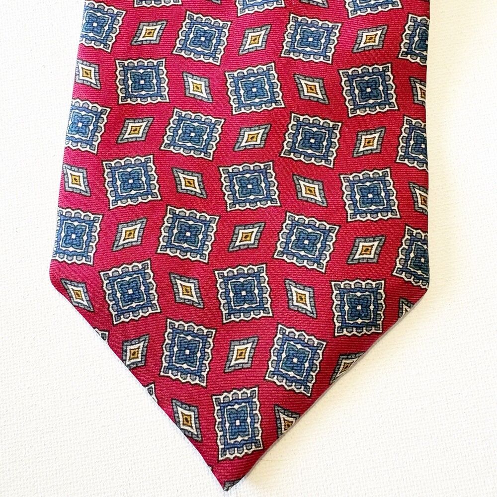 Wembley Neck Tie Silk Red Blue Geometric Medallion Made In USA Business Classic